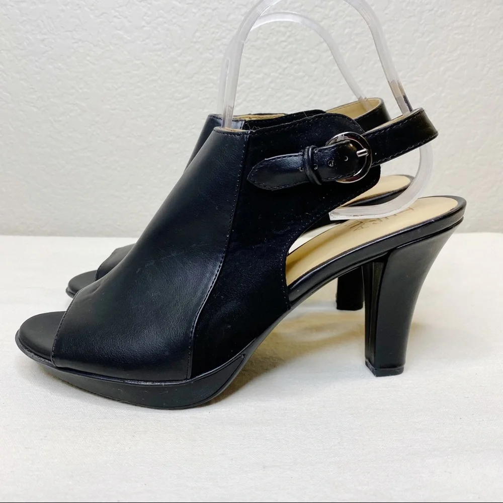 NATURALIZER Black Faux Suede & Leather Peeptoe Bootie Shoe Heel buckle Size 9